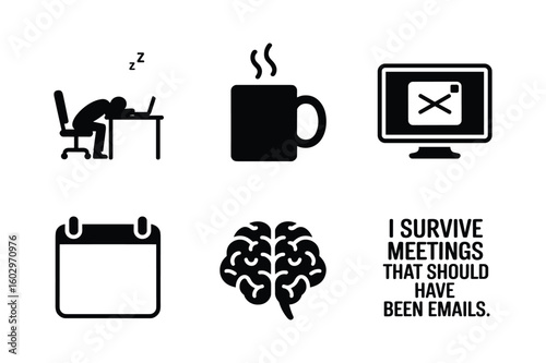 Exhausted worker sleeping at desk with laptop hot coffee computer screen calendar brain and text