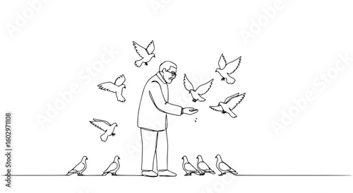 Man feeding pigeons in a park with outline vector style  