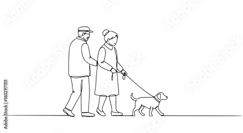 Elderly couple walking a dog in a single line outline vector style  