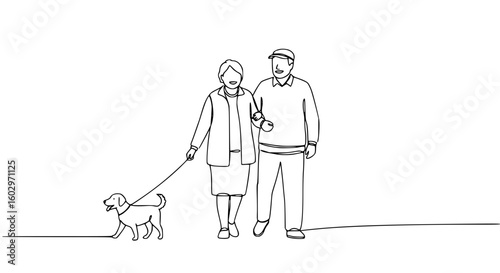 Elderly couple walking a dog together in a simple line drawing  