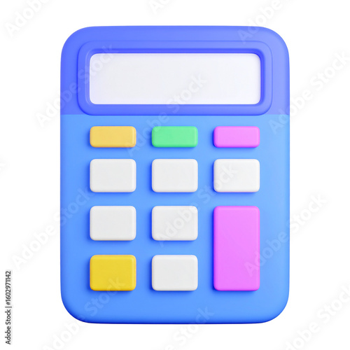 3D Blue Calculator with Colorful Buttons for Finance on transparent background
