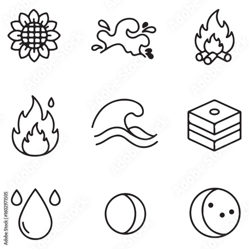 Set of minimalist hand drawn symbols representing the four classical elements and celestial bodies