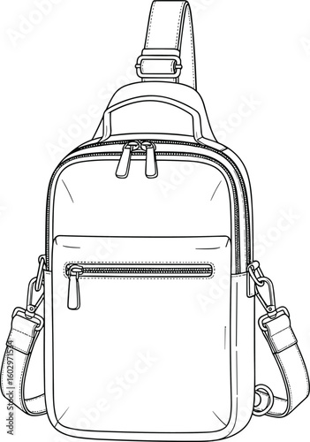CAD drawing flat vector illustration of crossbody sling bag with zipper pockets, adjustable strap, technical fashion accessory sketch