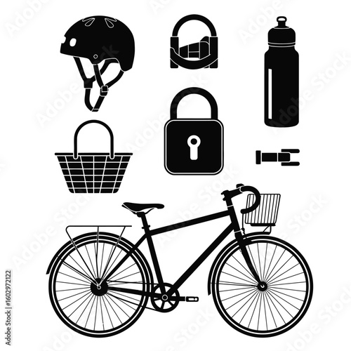 Black and white vector illustration of bicycle commuting bundle with helmet, basket, lock, and water bottle