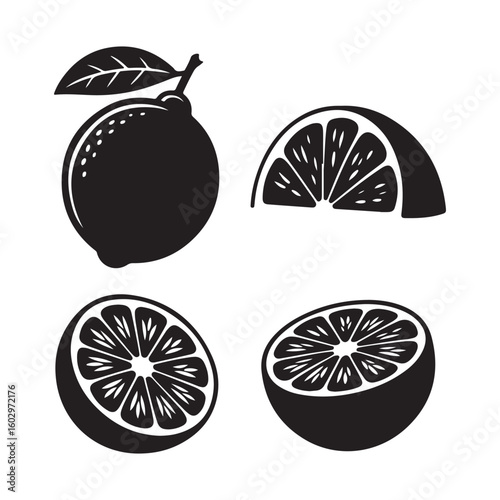 Versatile Lime Silhouette Fruit Set Vector Illustrations of Whole, Sliced, and Half-Cut. Perfect for Design Projects