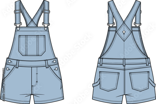 CAD drawing flat vector illustration of denim short overalls with front pocket, back pockets, straps, fashion technical design sketch