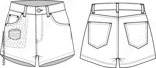 CAD drawing flat vector illustration of distressed denim shorts with ripped front pocket and back view technical fashion sketch template