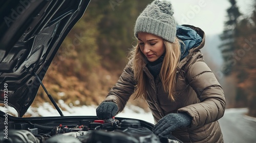 A woman in winter clothing inspects the engine of her car on a cold, forested roadside.