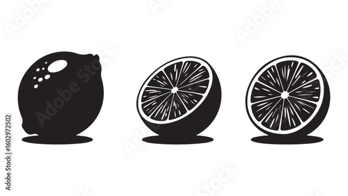 Versatile Lime Silhouette Fruit Set Vector Illustrations of Whole, Sliced, and Half-Cut. Perfect for Design Projects