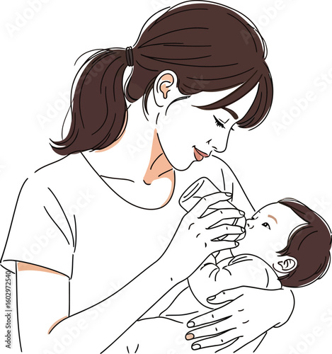 A tender illustration shows a mother feeding her baby with a bottle, showcasing maternal care and the bond between parent and child in a minimalist style.