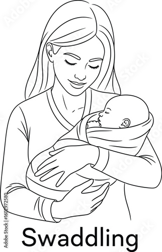 A tender line art illustration shows a mother lovingly holding her swaddled baby, depicting a moment of care and affection, perfect for parenting or newborn themes.
