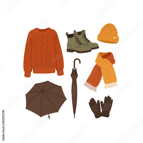 Vector set of cozy autumn clothing and accessories: knit sweater, boots, beanie hat, scarf, umbrella, and gloves