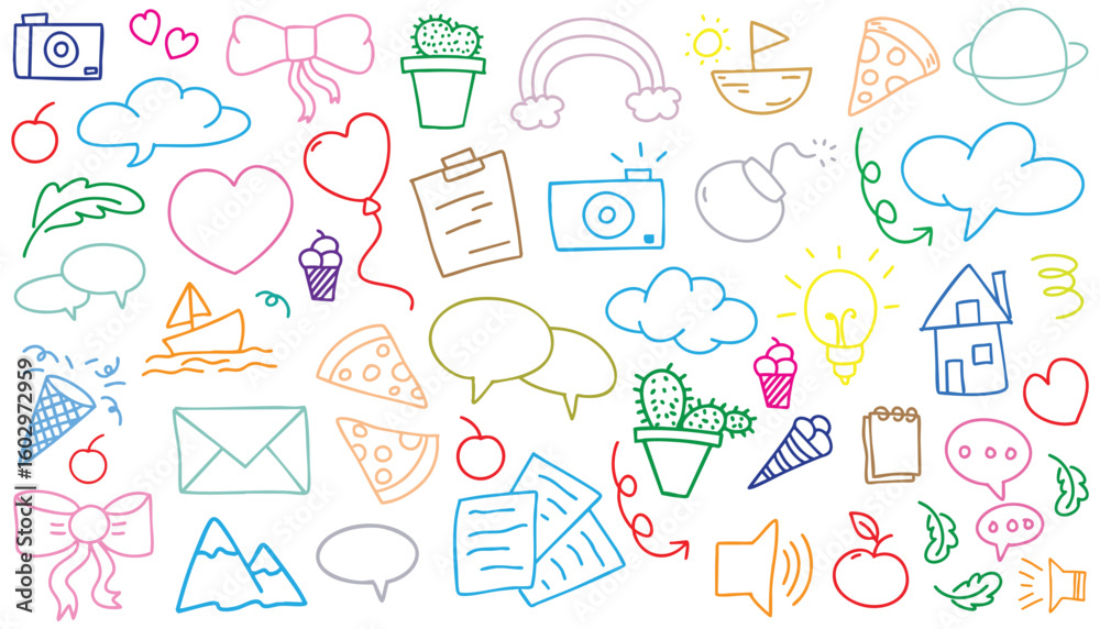 Fototapeta premium hand drawn landscape white background colorful doodle vector set, love, Natural , star, cloud, weather, rainbow, flower, bubble, heart and creative design vector collection.