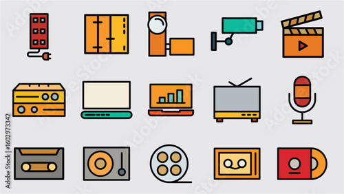 Flat Design Colorful Media and Technology Icons set– Audio, Video, Entertainment, and Digital Devices