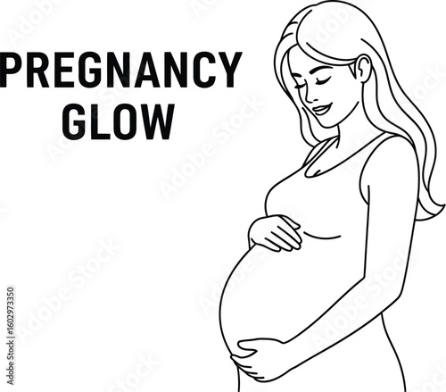 A minimalist line art illustration showcases a pregnant woman gently cradling her baby bump, radiating the beauty and serenity of motherhood, perfect for designs related to pregnancy and family.