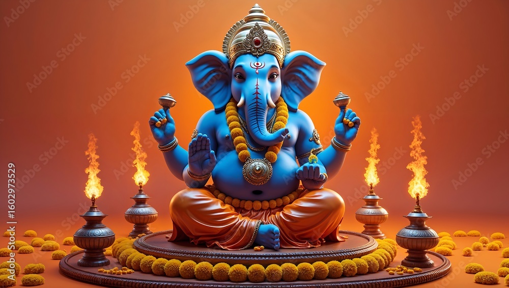 Fototapeta premium Majestic Blue Ganesha Idol Adorned with Garland and Diyas for Hindu Festival