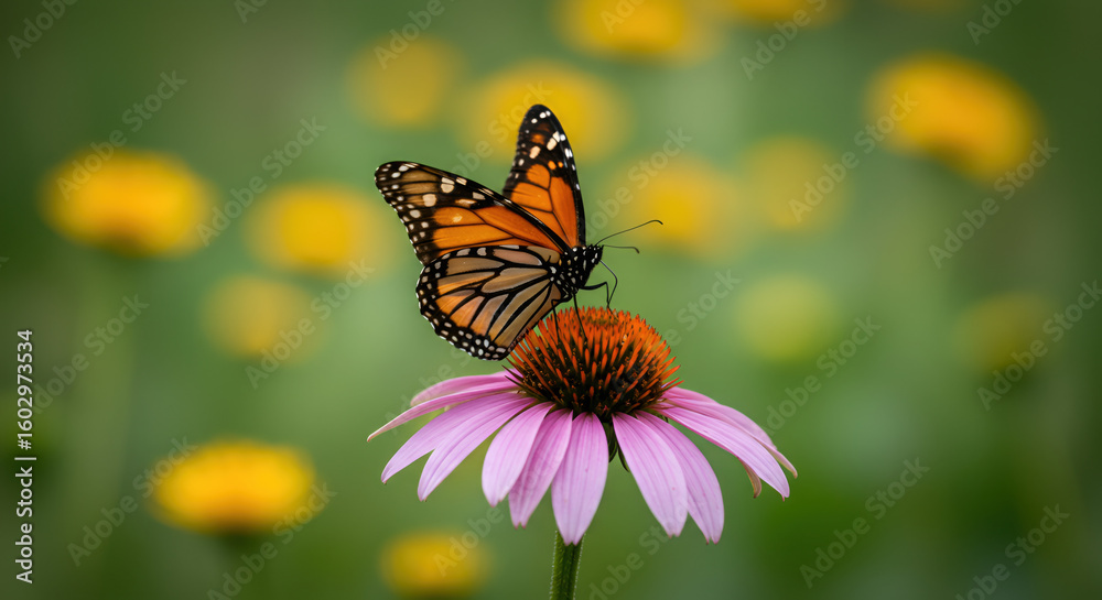 Fototapeta premium Close-up of a delicate Monarch butterfly feeding on a purple coneflower, a vital part of a flourishing pollinator habitat and a serene greenspace in a summer garden.