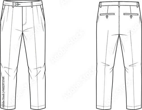 CAD drawing flat vector illustration of formal men’s trousers front and back technical fashion sketch with tailored elegant design