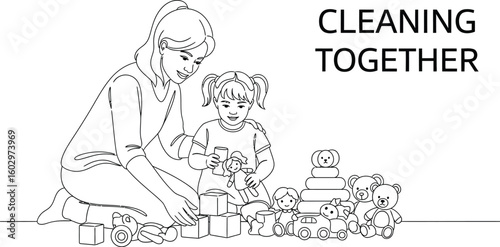 A heartwarming line art illustration shows a mother and daughter tidying up toys together, promoting family values and the importance of teamwork in a minimalist style.