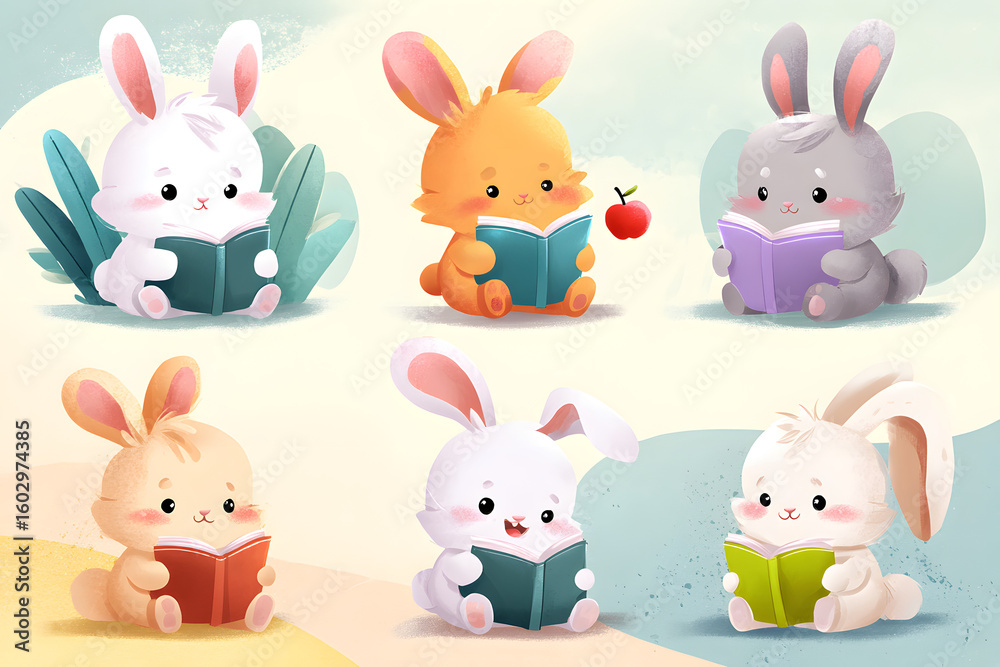 Obraz premium Cute Cartoon Bunnies Reading Books in Playful Scene