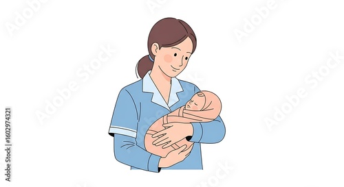 Nurse Holding Baby in Hand Drawn Illustration