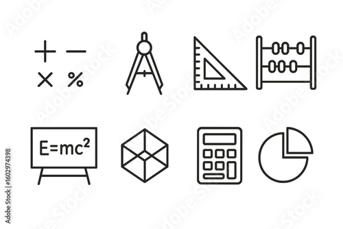 Mathematics icons: compass, ruler, abacus, calculator, formula, cube, pie chart symbols