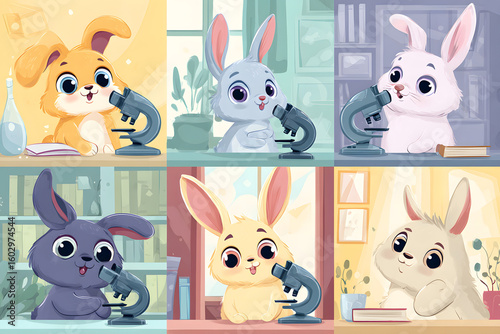 Cute Cartoon Rabbits Exploring Science with Microscope in Six Panels