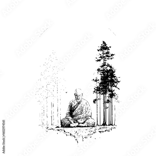 Illustration of a meditating monk in robes surrounded by trees and a bird in a black and white scene