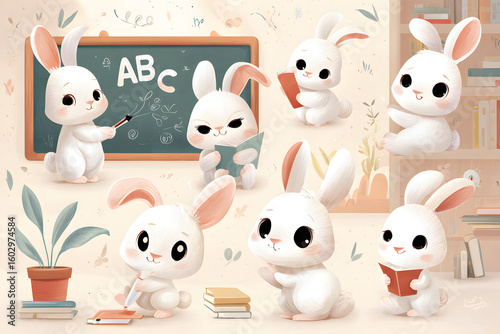 Cute Cartoon Bunnies Learning Alphabet with Books and Blackboard