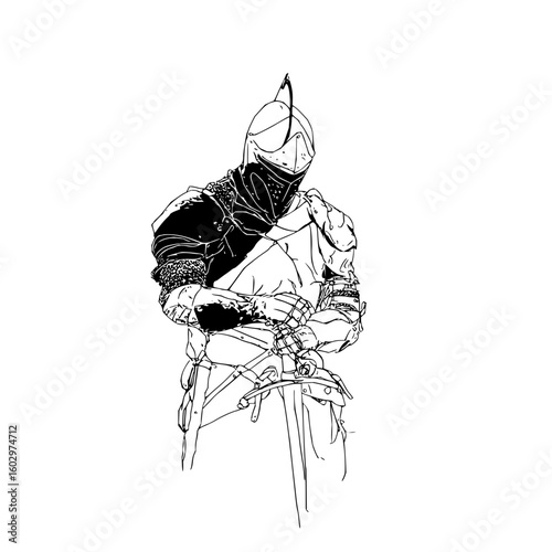 Illustration of a knight in full armor with a sword standing in a defensive pose on a white background