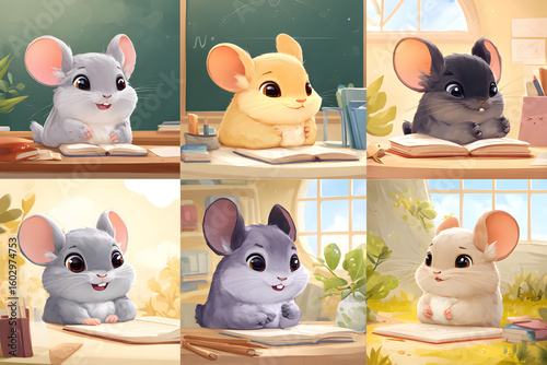 Cute Chinchilla Characters Studying at Desks in Illustrative Style