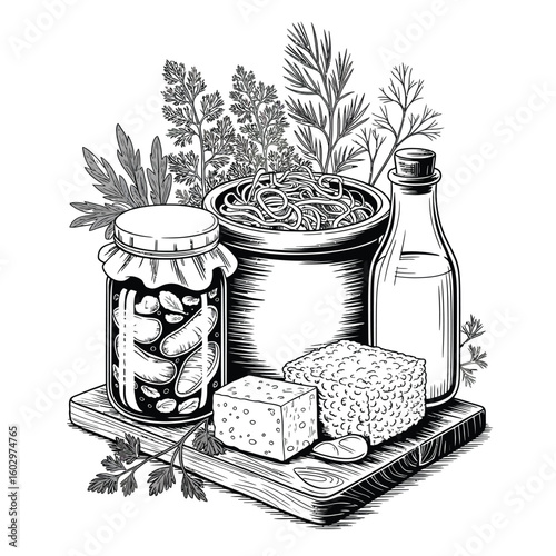 Black and white vector illustration of fermented foods including kimchi, sauerkraut, kefir, miso, and tempeh arranged on a rustic table