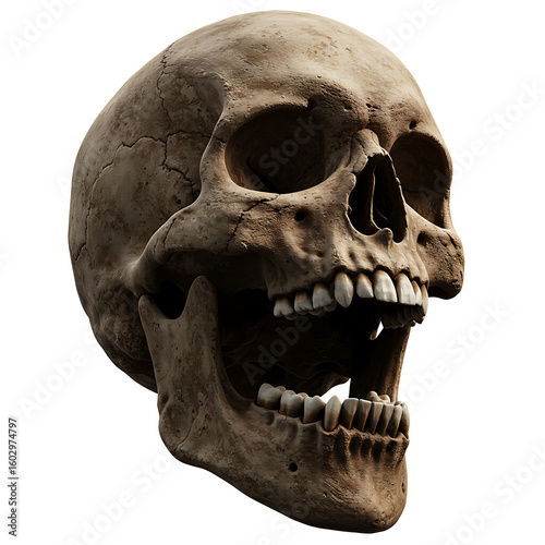 A detailed human skull with its mouth open isolated on transparent background