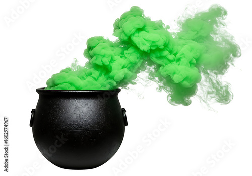 A black cauldron emitting thick green smoke isolated on transparent background