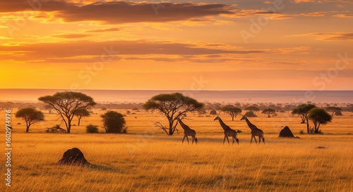 Golden Hour Giraffes in African Savanna Sunset