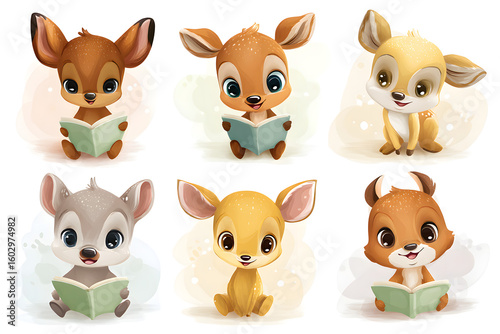 Cute Cartoon Animals Reading Books in a Playful and Whimsical Style