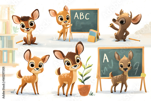 Whimsical Cartoon Scene Featuring Cute Deer in Classroom Setting