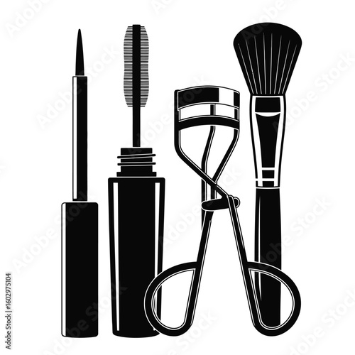 Black and white vector illustration of eye makeup tools including eyeliner, mascara, eyelash curler, and shadow brush on white background
