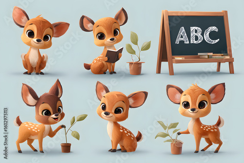 Cute cartoon deer characters engaging in fun learning activities
