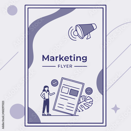Modern marketing flyer design featuring a megaphone and a person presenting a document with abstract shapes and a leaf illustration