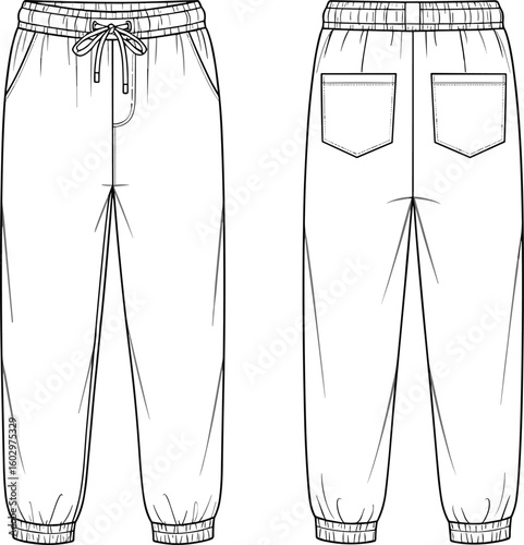 CAD drawing flat vector illustration of jogger pants with ribbed hem, drawstring waistband, back pockets, technical fashion sketch