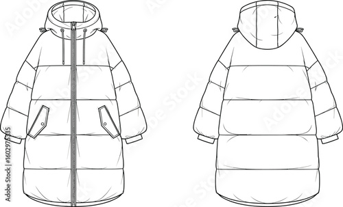 CAD drawing flat vector illustration of hooded puffer jacket front and back view, technical winter outerwear fashion design sketch template