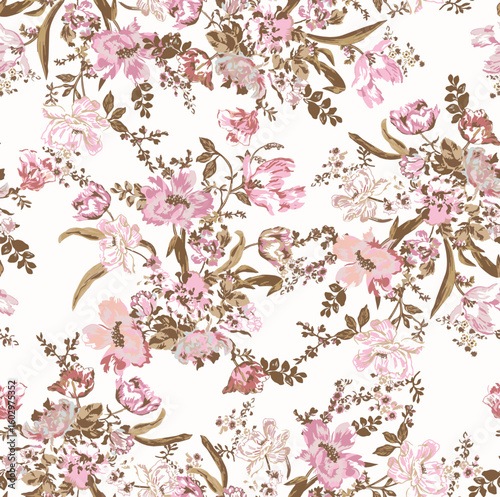 Seamless spring vector pattern with floral motif. hand painted pink botanical flower with small flower arrangements. repeating print for fabric, wallpaper, fashion print.