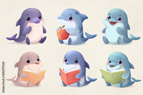 Cute Cartoon Dolphins Reading Books and Holding Apples on Surface