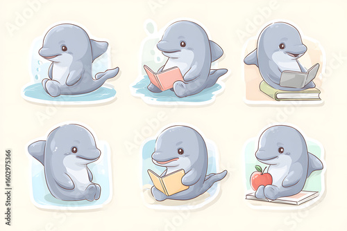 Cute Cartoon Dolphins Engaging in Various Reading Activities
