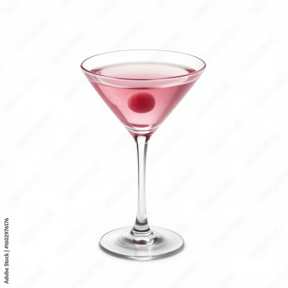 Martini glass with vibrant pink cocktail and floating raspberry, clean silhouette on white background Martini glass with vibrant pink cocktail and floating raspberry, clean silhouette on white background
