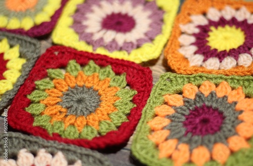 Granny square collection motives different colors flower decor crocheted samples handmade art photo 