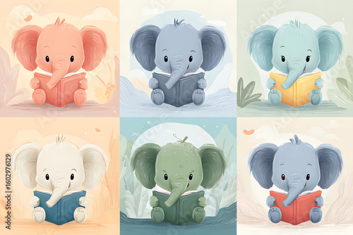 Cute Cartoon Elephants Reading Books in Soft Pastel Colors