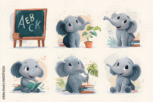 Cute Cartoon Elephants Learning and Playing in a Classroom Setting
