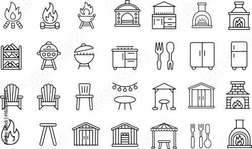 Backyard Firepit and Outdoor Features Line Icon Set – Editable Stroke Vector for Landscaping and Patio Design

